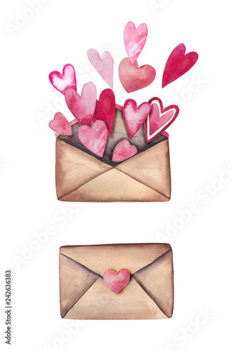Watercolor love letters set: beautiful envelopes with hearts. © Galina