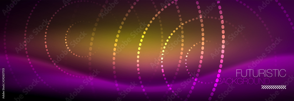 Glowing neon circle line dots, round line design, abstract style on black background. Neon abstract round circles Magic neon lights and glowing dots