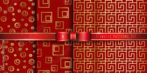 Set of golden seamless pattern on a red background. Collection of repeating red and gold patterns. Vector illustration