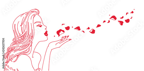 Beautiful woman blowing red rose petals, side view. Sexy female glamor convey the beauty of the girl. doodles of vector illustration hand drawn style.