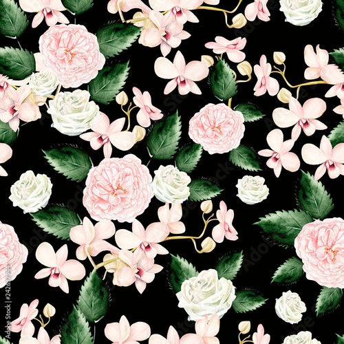 Watercolor pattern with green leaves, rose and orchids flowers.