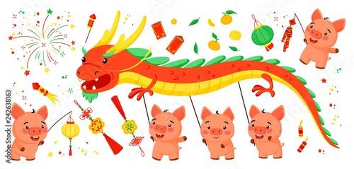 Set of elements for the Chinese New Year of the Pig. Isolated in white background