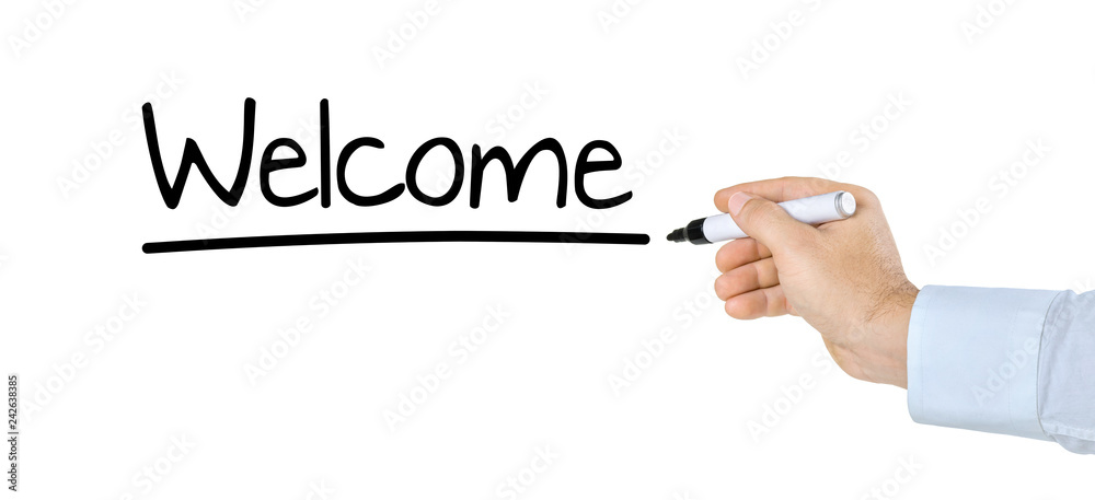 Hand with pen writing Welcome Hand with pen writing Welcome
