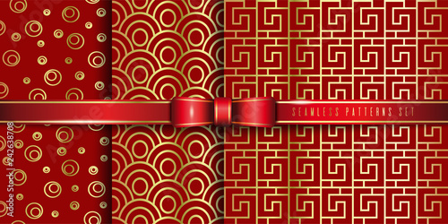 Set of golden seamless pattern on a red background. Collection of repeating red and gold patterns. Vector illustration
