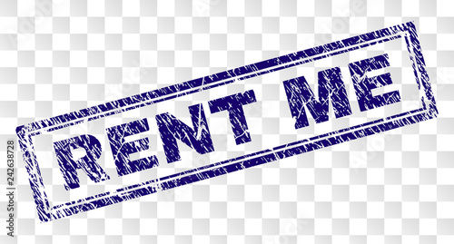 RENT ME stamp seal print with rubber print style and double framed rectangle shape. Stamp is placed on a transparent background. Blue vector rubber print of RENT ME label with dust texture.