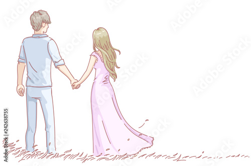 couples holding hands Lovers couple in love having romantic dating. Rear view of man  woman. girlfriend and boyfriend  holding hands. Relationship honeymoon  leisure time concept. Vector hand drawn