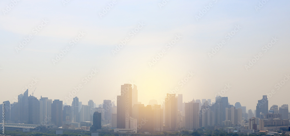 Landscape view of Bangkok city background with rays of sunrise. Landscape view of Bangkok city background with rays of sunrise.