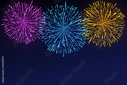 Fireworks brightly colorful. Bright lights on twilight background. Festive firework. Vector illustration flat design.