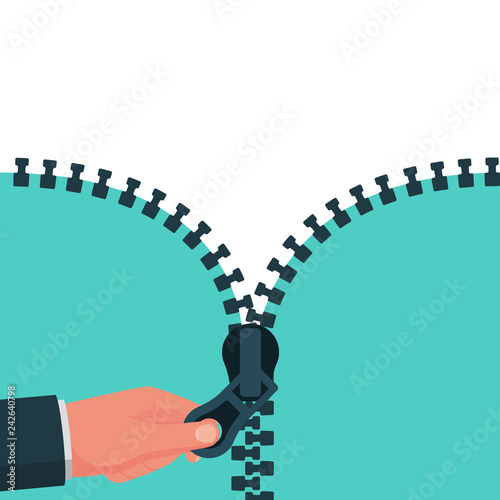 Hand pulling zipper. Vector illustration flat design. Isolated on white background. Zipper closeup. Open and close the web template.