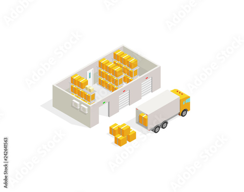 Warehouse post office, parcel delivery. Logistics transport delivery boxes and loading truck.