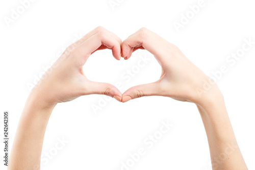 Female hand isolated on white background. White woman s hand showing symbols and gestures. Korean heart finger sign. Asian symbol hand heart. Korean  Chinese and Japanese Symbol hand heart. Love