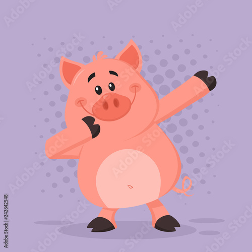 Dabbing Pig Cartoon Character. Vector Illustration Flat Design With Violet Background