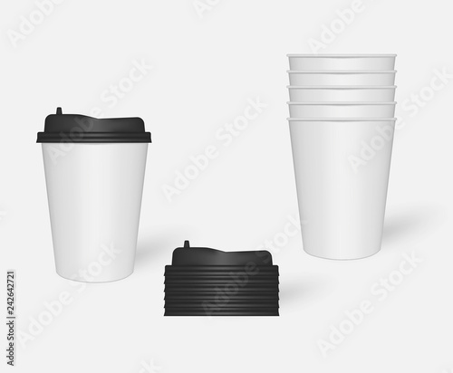 Disposable white paper coffee cups with black plastic lids, mock-up