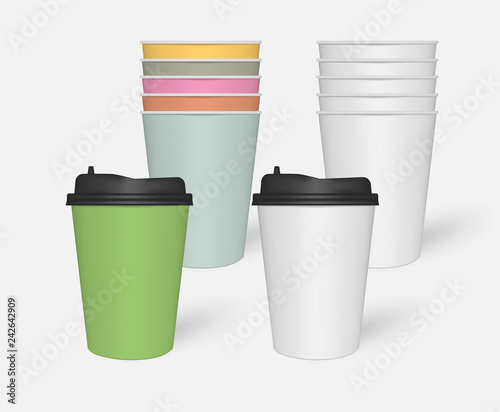 White and color paper coffee cups with black plastic lids, template