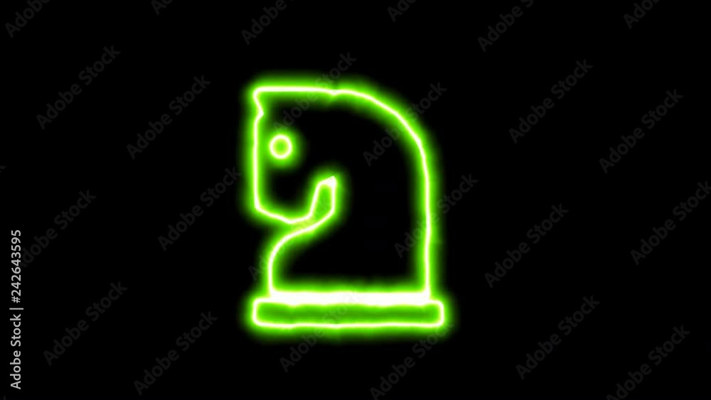 The appearance of the green neon symbol chess knight. Flicker, In - Out. Alpha channel Premultiplied - Matted with color black The appearance of the green neon symbol chess knight. Flicker, In - Out. Alpha channel Premultiplied - Matted with color black