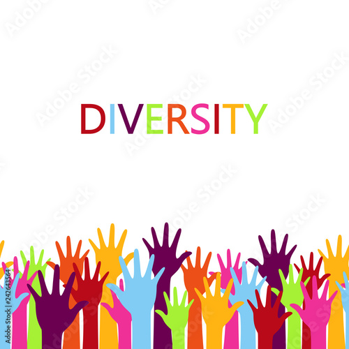 Diversity concept design, hands up with text