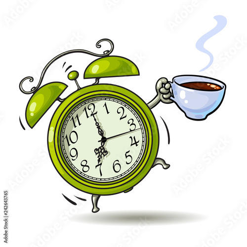 Cartoon green alarm clock with cup of coffee ringing. Wake up time. Sketch style hand drawn vector illustration.