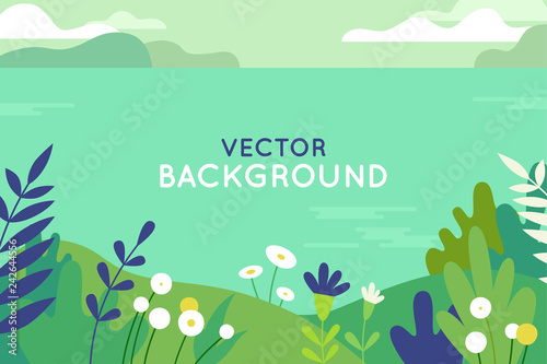 Vector illustration in trendy flat simple style - spring and summer background with copy space for text - landscape
