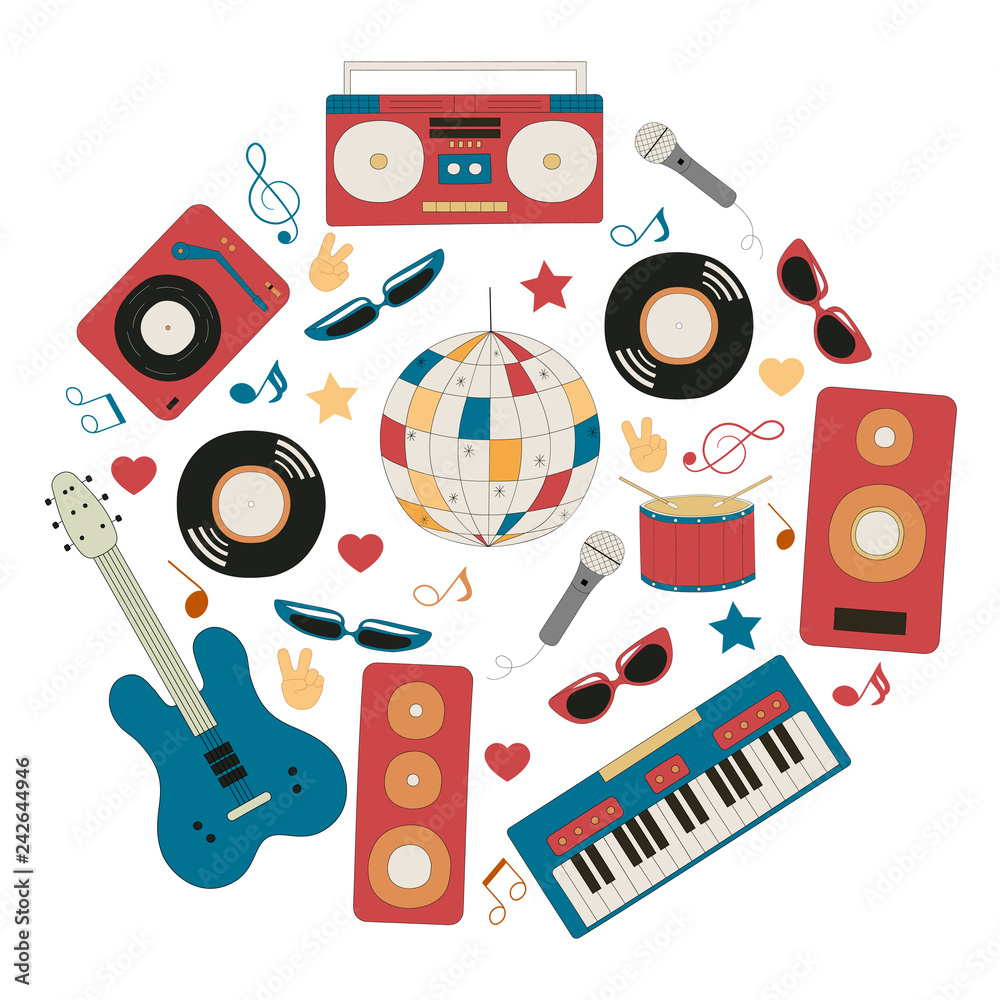 Musical instruments for music shop, school, store. Country, live, disco  music festival concept. Vector isolated elements. Electro, rock concert  poster with guitar, synthesizer, speakers, vinyl record. Stock-Vektorgrafik  | Adobe Stock