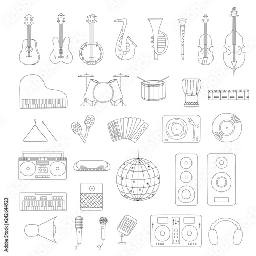 Set of musical instruments outline. Music shop or school concept. Vector isolated illustration. Disco ball. Cello, guitar, saxophone and violin for country festival or jazz fest.