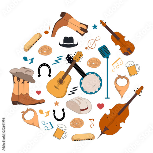 Musical instruments for music shop, school, store. Country music festival  concept. Vector isolated elements. Live, jazz concert poster with cello,  guitar, violin, banjo. Cowboy boots and hat. Stock Vector | Adobe Stock