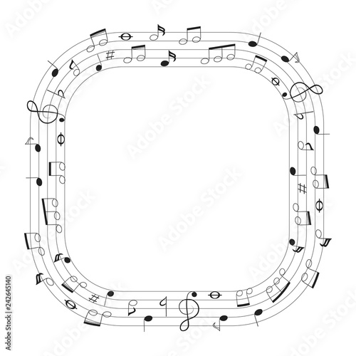 Musical theme square frame with notes and clef. Music border. Vector isolated element.