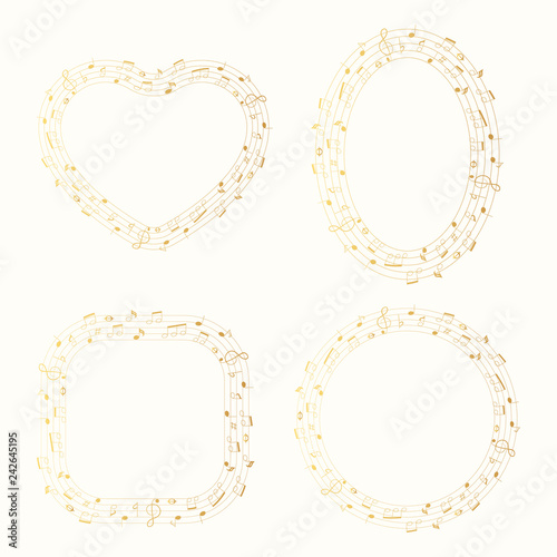 Set of musical theme golden round, oval, heart shape frames with notes and clef. Gold music border. Vector isolated element.