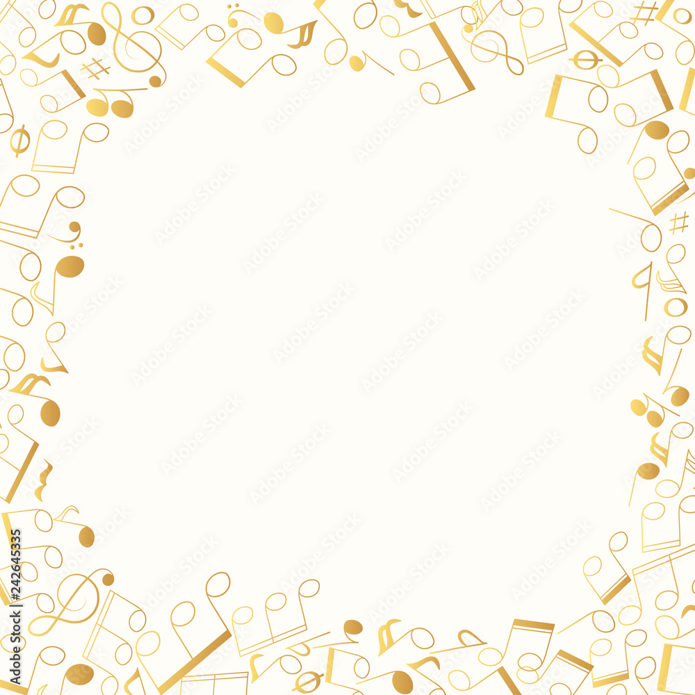 Musical note and clef golden frame. Music gold border. Orchestra foil background. Vector isolated element.