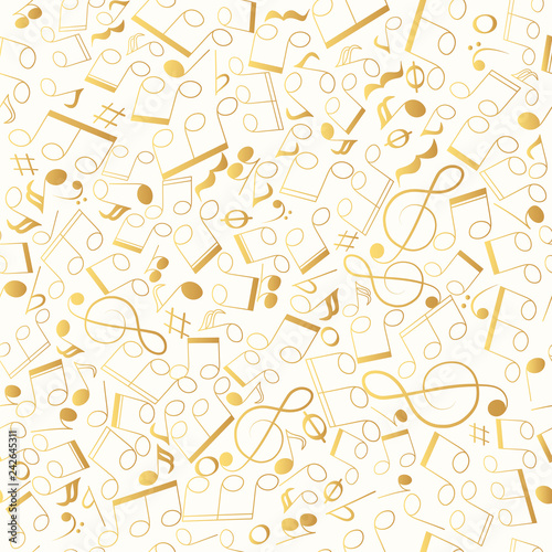 Musical golden notes seamless pattern. Music shop gold background concept. Vector isolated illustration.