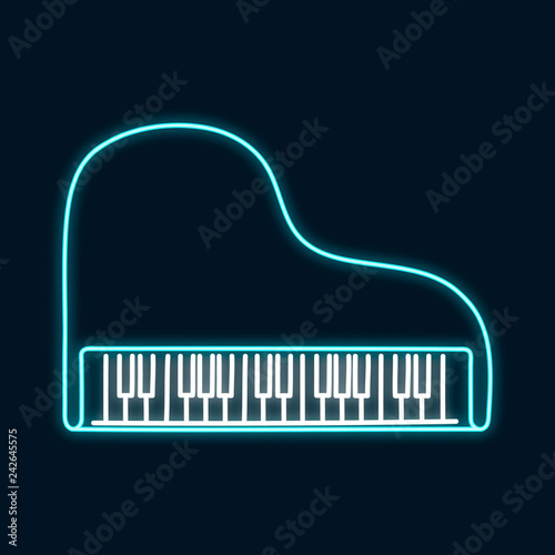 Classical piano neon sign. Classical music festival concept. Music shop luminous bright label. Vector isolated illustration.