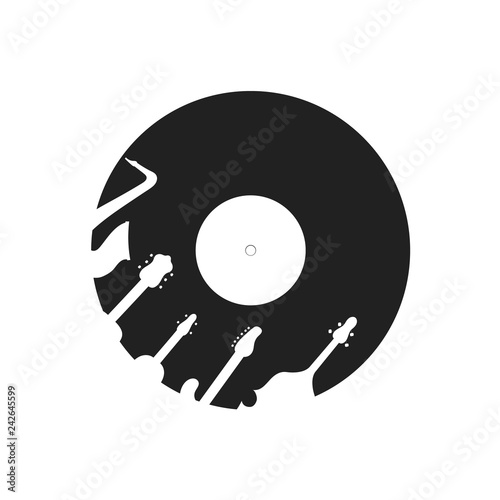Hand drawn gramophone vinyl record concept with guitar, cello, violin, saxophone silhouettes. Music shop, store label. Retro disc background. Vector isolated illustration.