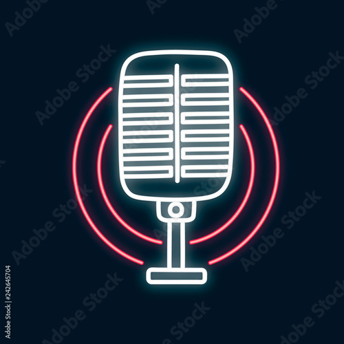 Microphone neon sign for stand up comedy. Karaoke festival emblem. Music shop luminous bright concept. Vector isolated illustration.