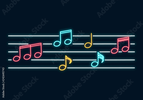 Music notes neon sign border. Led Concept for music store with clef. Vector isolated illustration.