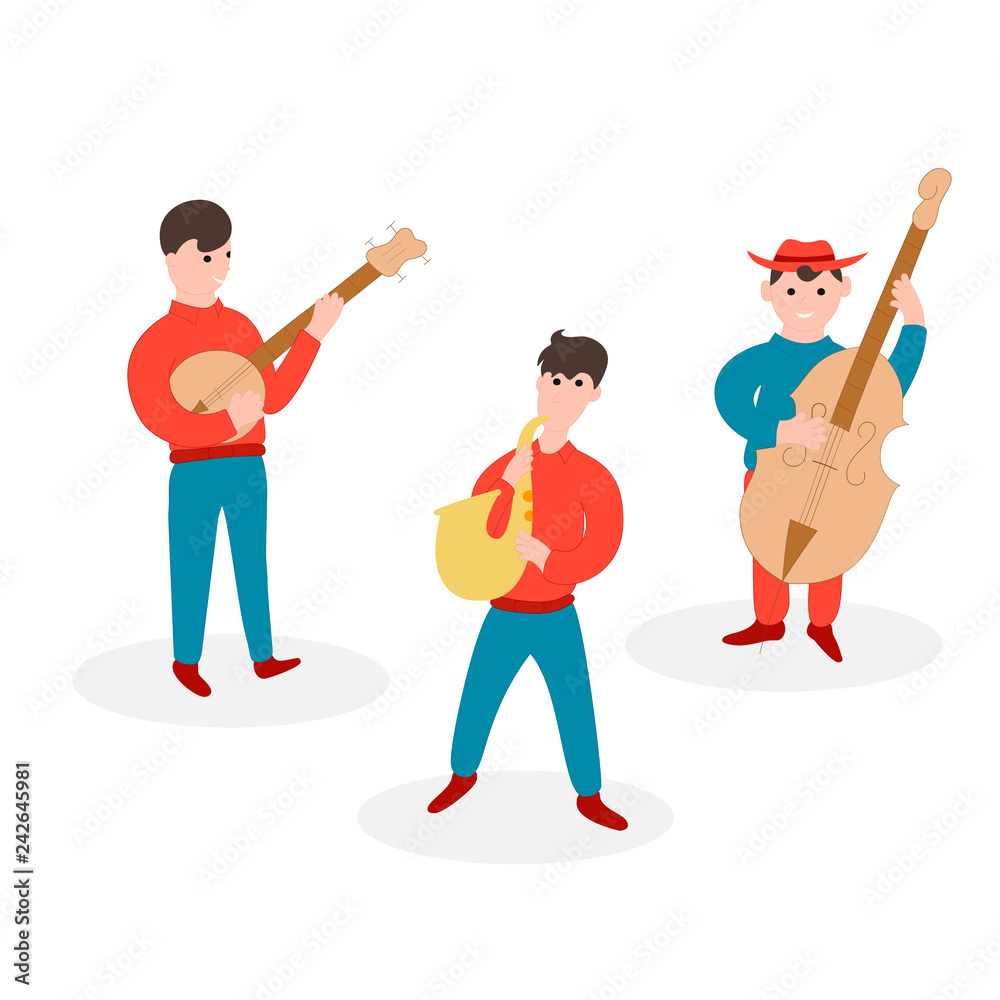 Jazz music band. Country musical festival group. Musicians with banjo, cello and saxophone. Vector isolated illustration. Jazz music band. Country musical festival group. Musicians with banjo, cello and saxophone. Vector isolated illustration.