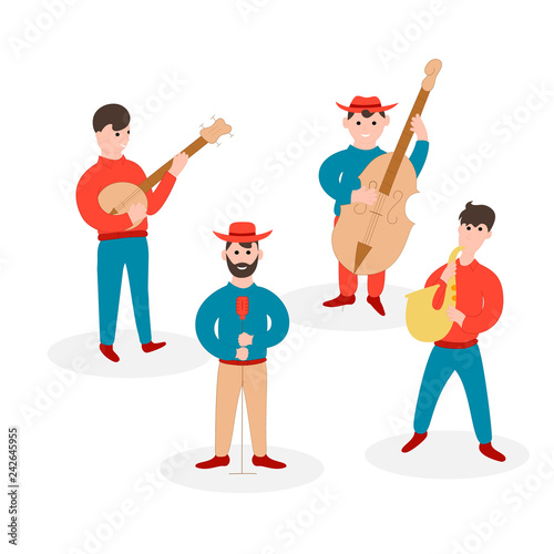 Jazz country music band. Blues, live musical festival group. Musicians with banjo, cello and saxophone. Vector isolated illustration. Solo singer.