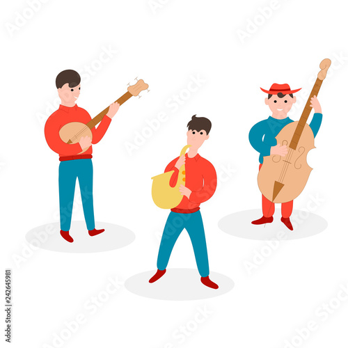 Jazz music band. Country musical festival group. Musicians with banjo, cello and saxophone. Vector isolated illustration.