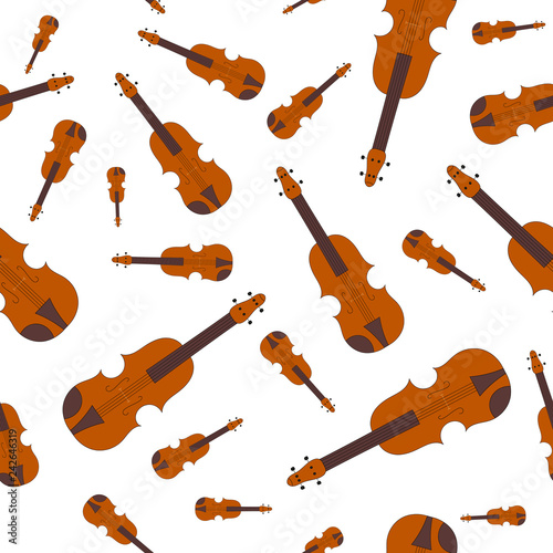 Hand drawn violin seamless pattern for musical store or school. Cartoon jazz, blues or country music festival instrument. Vector isolated element.