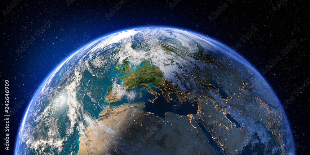 Planet Earth with detailed relief and atmosphere. Day and Night. Europe, North Africa and Middle East. 3D rendering. Elements of this image furnished by NASA - obrazy, fototapety, plakaty 