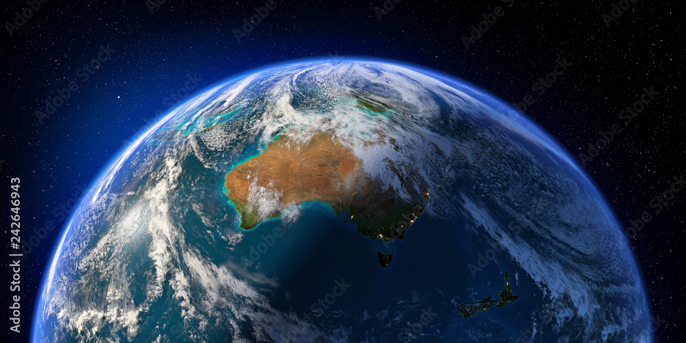 Fototapeta premium Planet Earth with detailed relief and atmosphere. Day and Night. Australia and New Zealand. 3D rendering. Elements of this image furnished by NASA