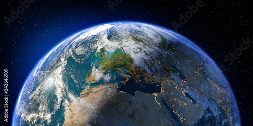 Fototapeta Naklejka Na Ścianę i Meble -  Planet Earth with detailed relief and atmosphere. Day and Night. Europe, North Africa and Middle East. 3D rendering. Elements of this image furnished by NASA