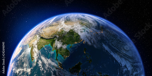 Planet Earth with detailed relief and atmosphere. Day and Night. Asia. 3D rendering. Elements of this image furnished by NASA