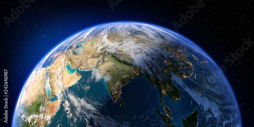 Planeta Ziemia ze szczegółowym reliefem i atmosferą. Dzień i noc. Indie. Renderowanie 3D. Elementy tego obrazu dostarczone przez NASA