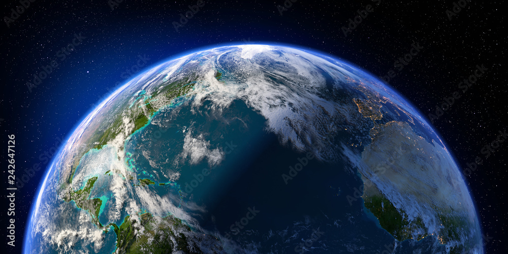 Fototapeta Planeta Ziemia ze szczegółowym reliefem i atmosferą. Dzień i noc. Ocean Północno-Atlantycki. Renderowanie 3D. Elementy tego obrazu dostarczone przez NASA