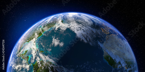 Fototapeta Naklejka Na Ścianę i Meble -  Planet Earth with detailed relief and atmosphere. Day and Night. North Atlantic Ocean. 3D rendering. Elements of this image furnished by NASA