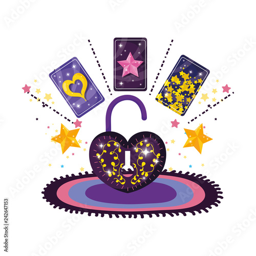 divination cards and padlock with heart shape
