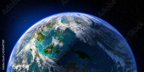 Fototapeta Naklejka Na Ścianę i Meble -  Planet Earth with detailed relief and atmosphere. Day and Night. Pacific Ocean. Indonesia. 3D rendering. Elements of this image furnished by NASA