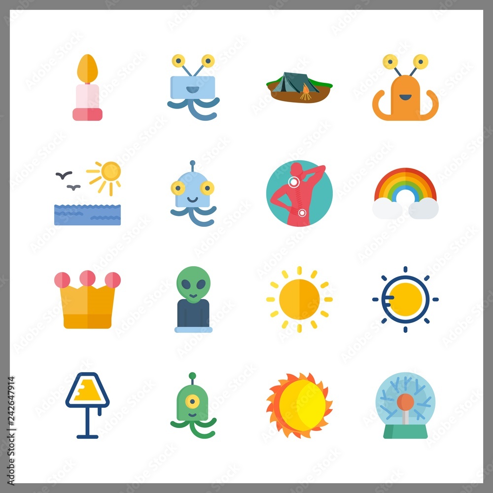 16 glow icon. Vector illustration glow set. crown and camp night icons for glow works