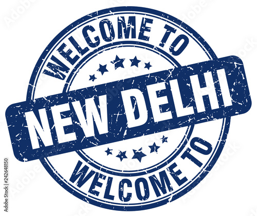 welcome to New Delhi blue round vintage stamp