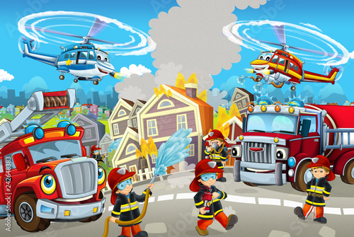Fototapeta Naklejka Na Ścianę i Meble -  Cartoon happy and funny city scene with firemen and different cars and flying machines for different usage - illustration for children