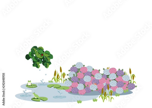  池に降る雨。 梅雨のイラスト。 水際の生物。 雨が降っている風景。 自然の景観。 梅雨の風景のイメージ。